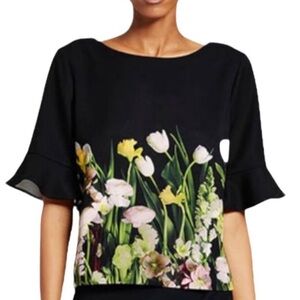 VICTORIA BECKHAM Black & Floral Bell Sleeve Top/Blouse